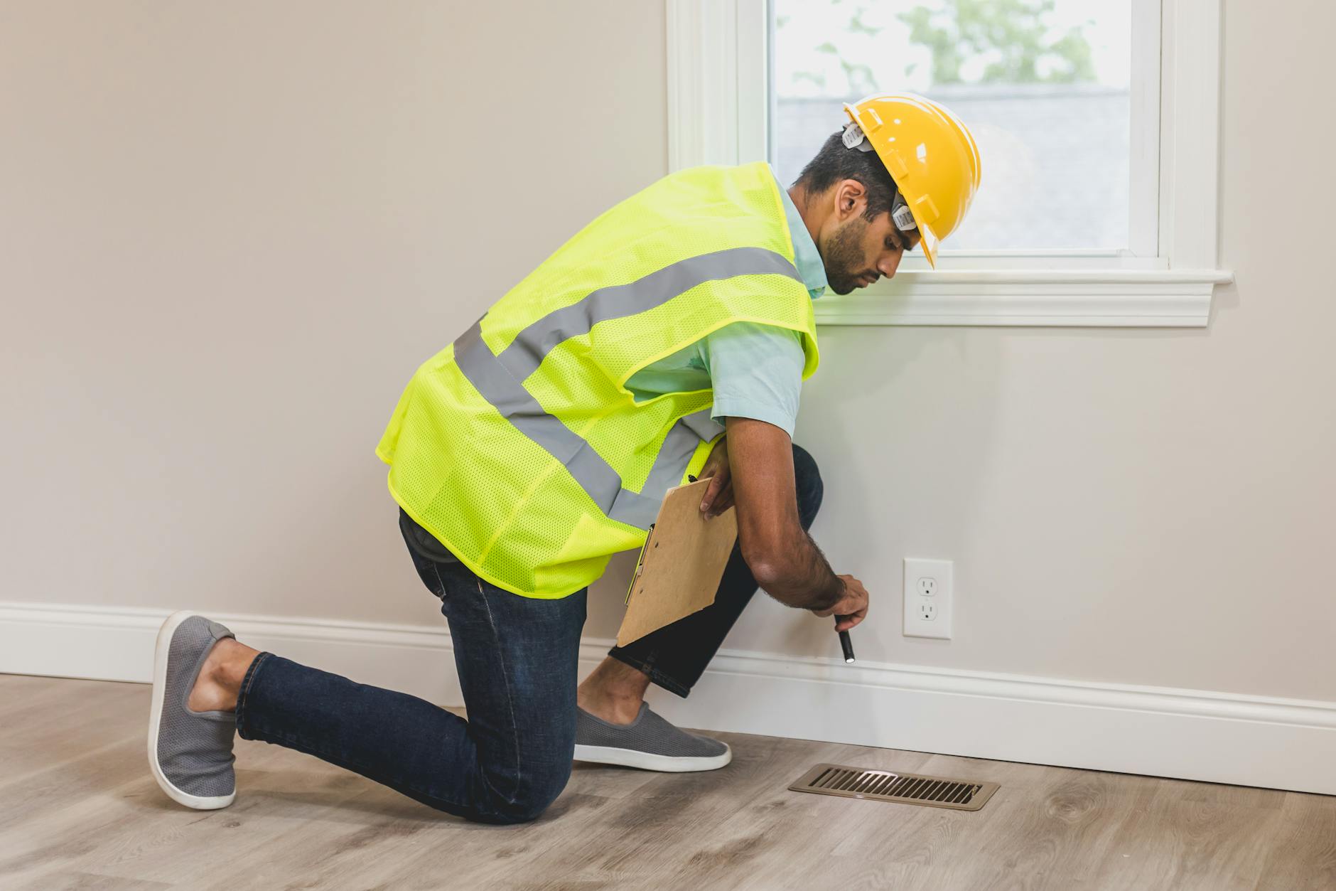 a man checking the floor of the house